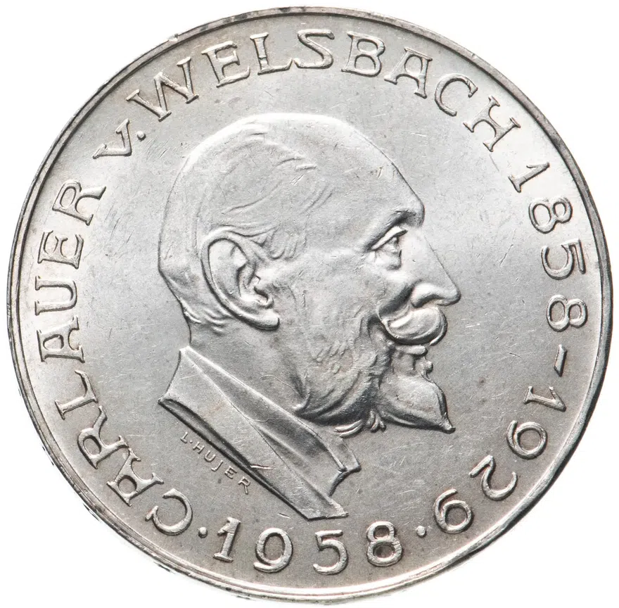 Австрия 25 шиллингов (shillings) 1958  100 лет со дня рождения Карла Ауэра фон Вельсбаха