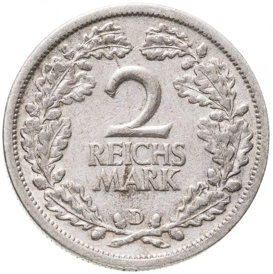 Германия 2 рейхсмарки (reichsmark) 1926 D  знак монетного двора "D" — Мюнхен