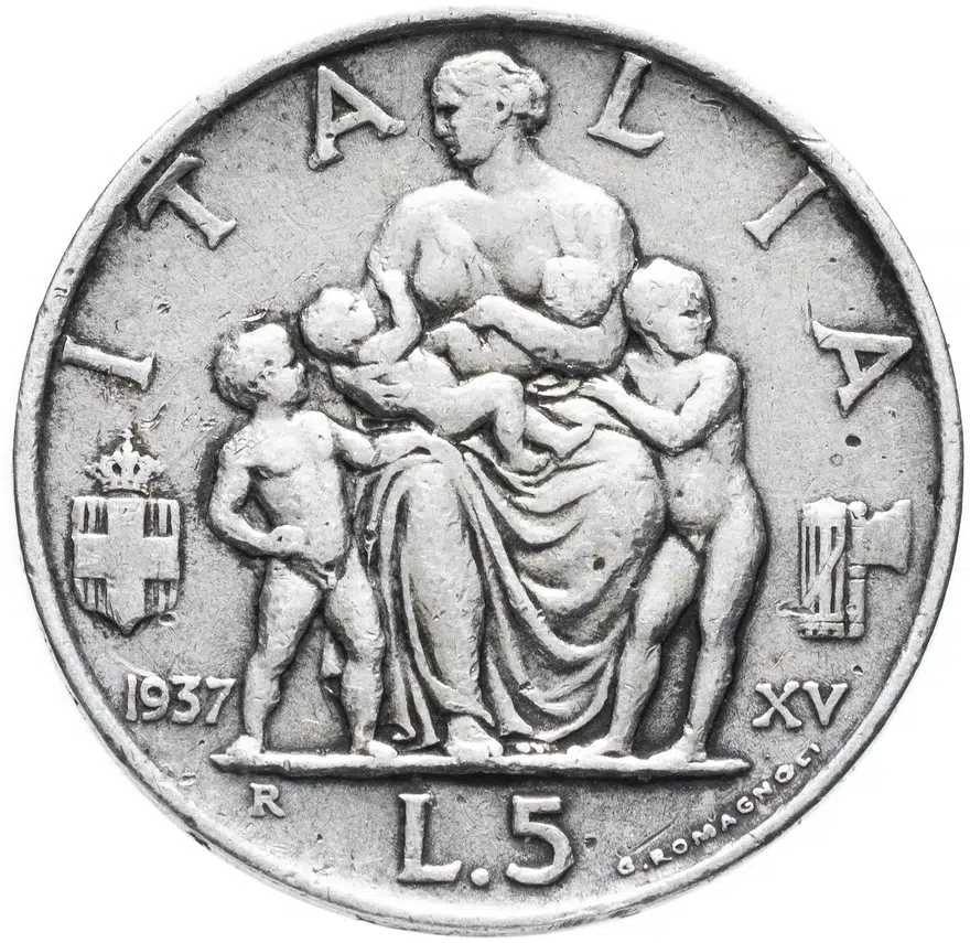 Италия 5 лир (lire) 1937, реверс