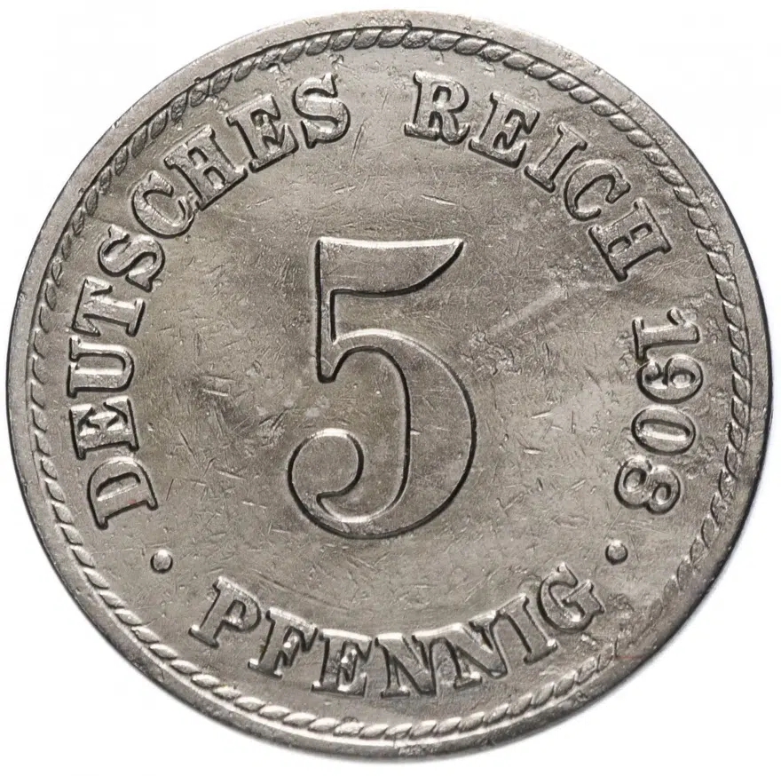 Германия (Империя) 5 пфеннигов (pfennig) 1908 A, аверс