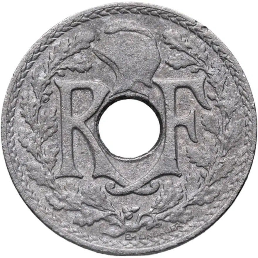 Франция 5 сантимов (centimes) 1922 Рог изобилия Новый тип: Отверстие в центре знак монетного двора: "Рог изобилия": - Париж, аверс