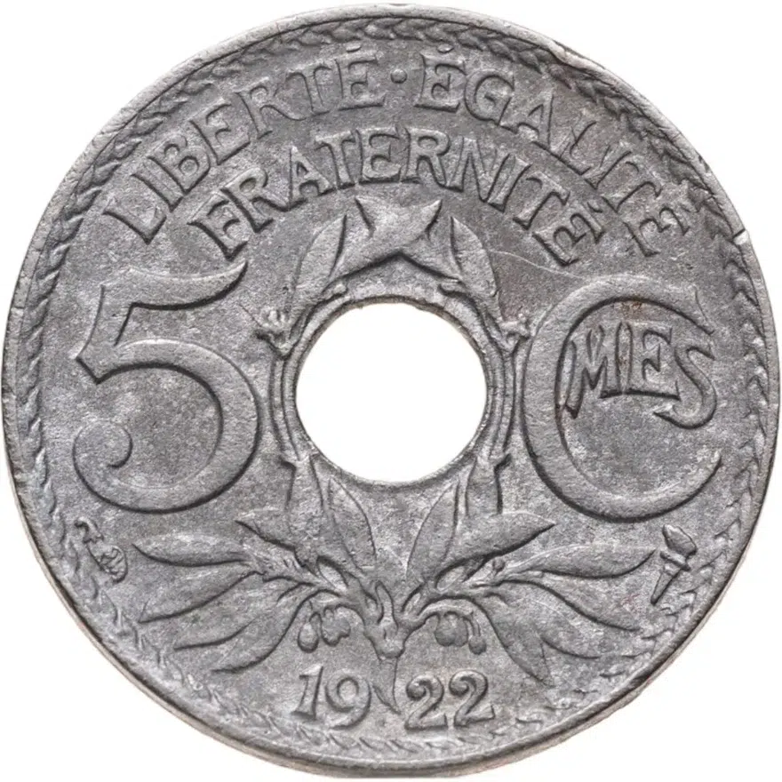 Франция 5 сантимов (centimes) 1922 Рог изобилия Новый тип: Отверстие в центре знак монетного двора: "Рог изобилия": - Париж, реверс