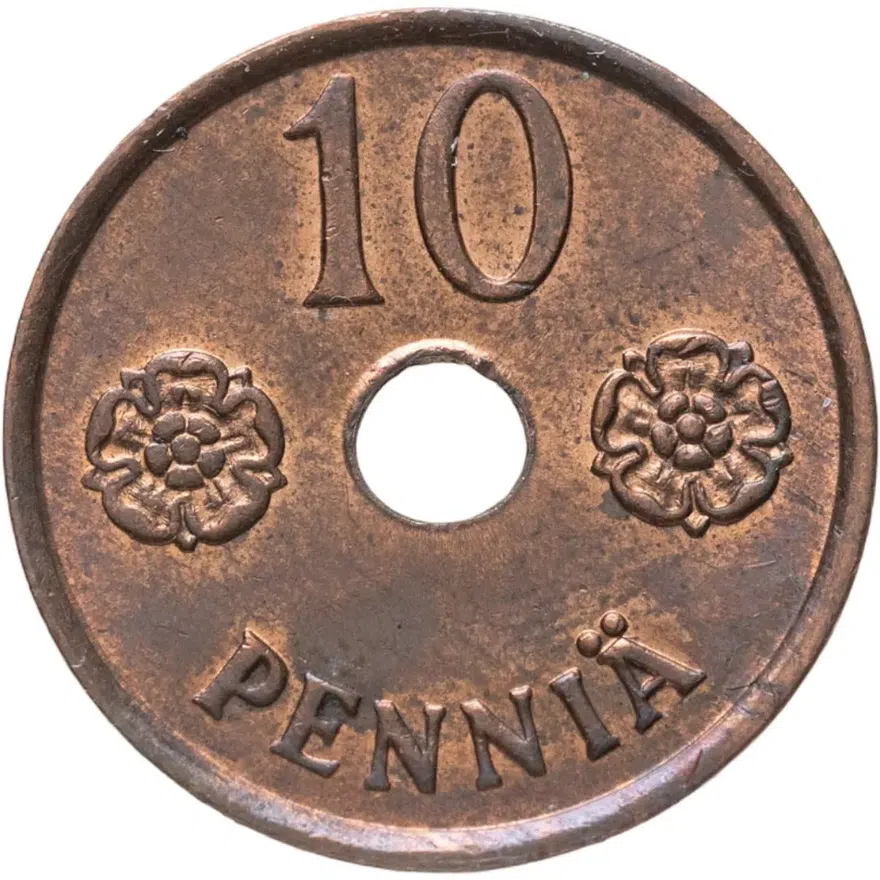 Финляндия 10 пенни (pennia) 1943  Медь /коричневый цвет/