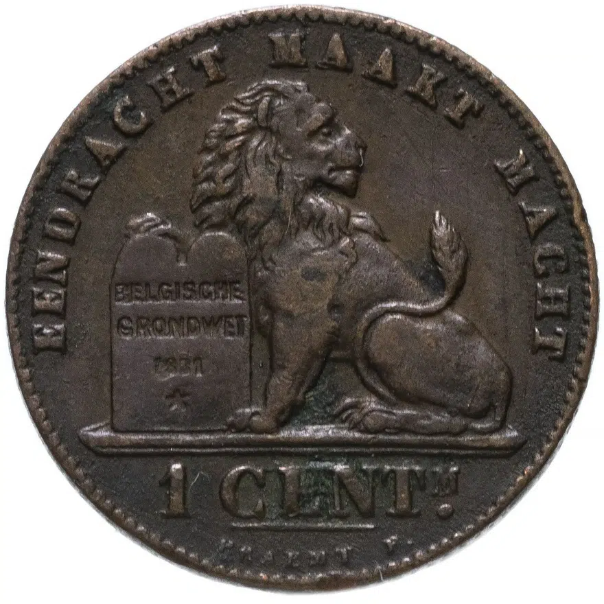 Бельгия 1 сантим (centime) 1907   Надпись на голландском - 'DER BELGEN'