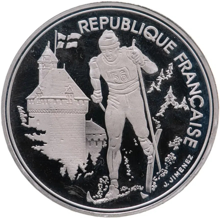 Франция 100 франков (francs) 1991  XVI зимние Олимпийские Игры, Альбервиль 1992 - Лыжные гонки, аверс
