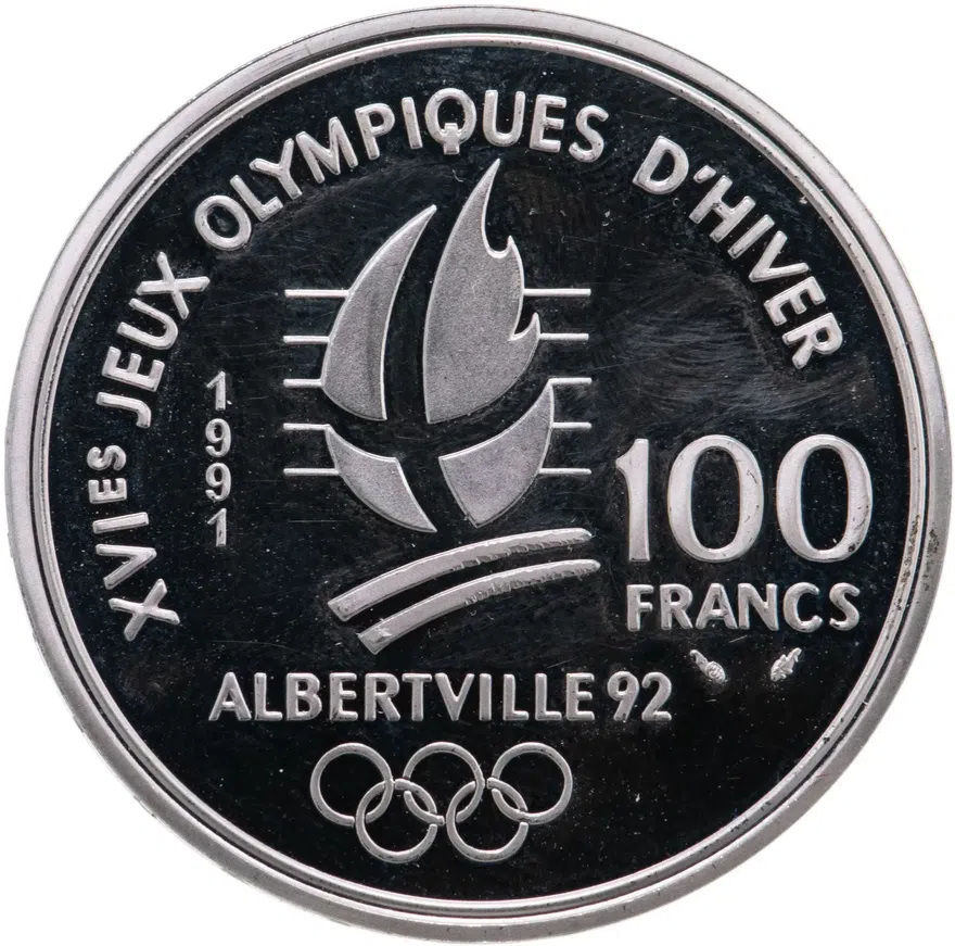 Франция 100 франков (francs) 1991  XVI зимние Олимпийские Игры, Альбервиль 1992 - Лыжные гонки, реверс