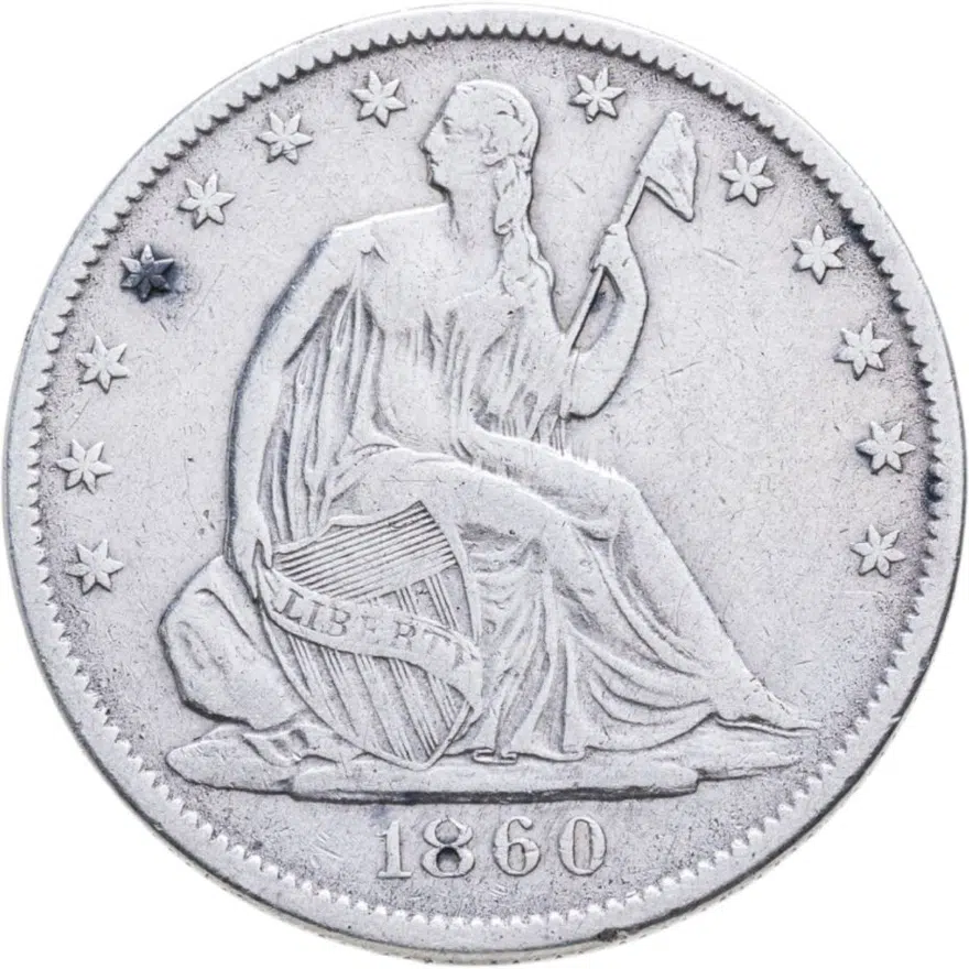 США 50 центов (1/2 доллара, half dollar) 1860 O Seated Liberty Half Dollar знак монетного двора: "O" - Новый Орлеан