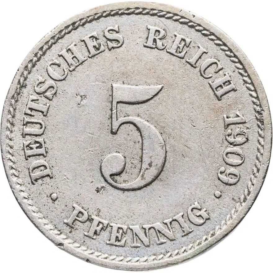 Германия 5 пфеннигов (pfennig) 1909 J  знак монетного двора: "J" - Гамбург, аверс