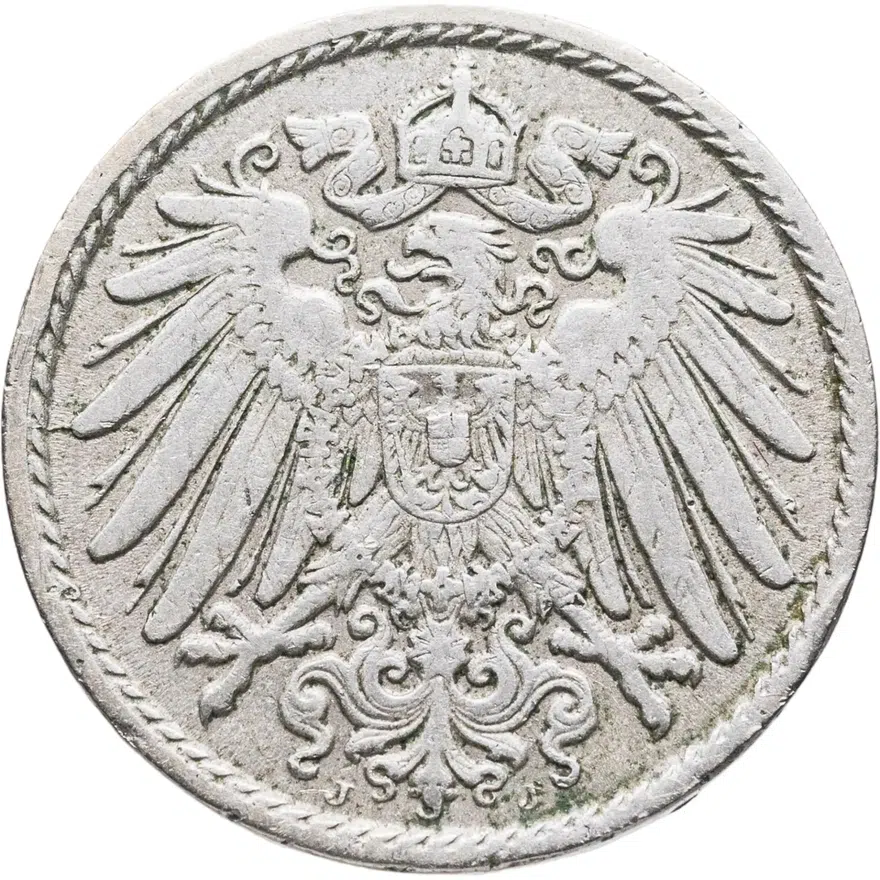 Германия 5 пфеннигов (pfennig) 1909 J  знак монетного двора: "J" - Гамбург, реверс