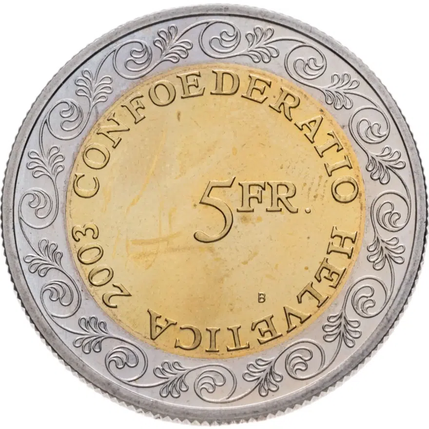Швейцария 5 франков (francs) 2003 "Проводы зимы (Chalandamarz)", реверс