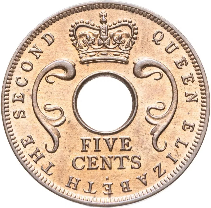 Британская Восточная Африка 5 центов (cents) 1956 H  знак монетного двора: "H" - Хитон, Бирмингем, реверс