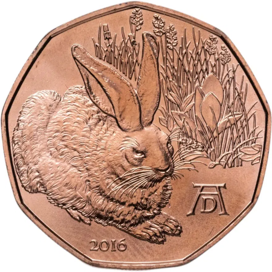 Австрия 5 евро (euro) 2016  Dürer's Young Hare (заяц) медь