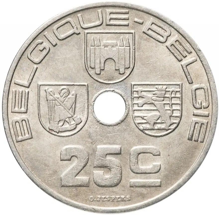 Бельгия 25 сантимов (centimes)  1938-1939, реверс