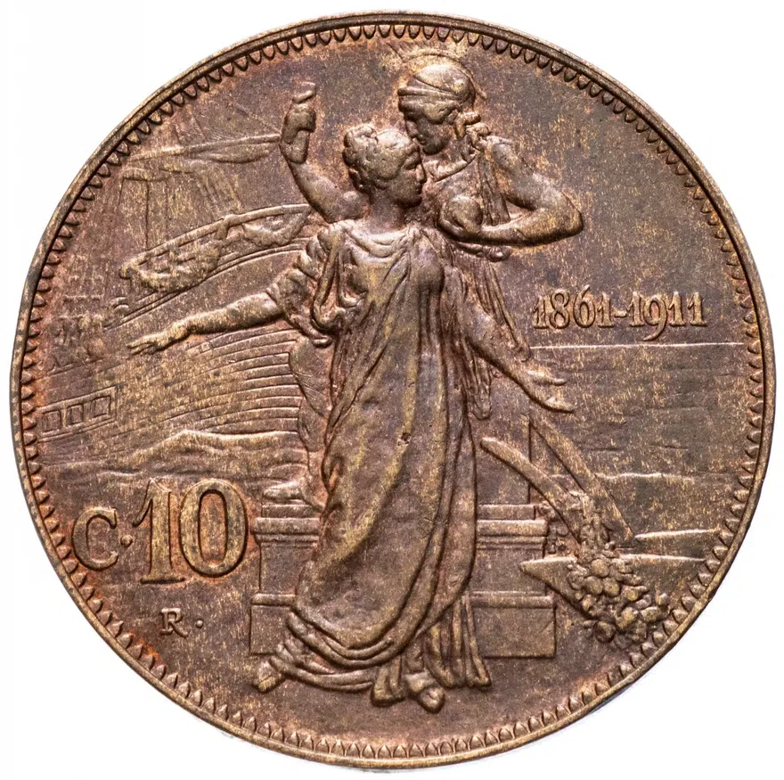 Италия 10 чентезимо (centesimi) 1911  50 лет Королевству