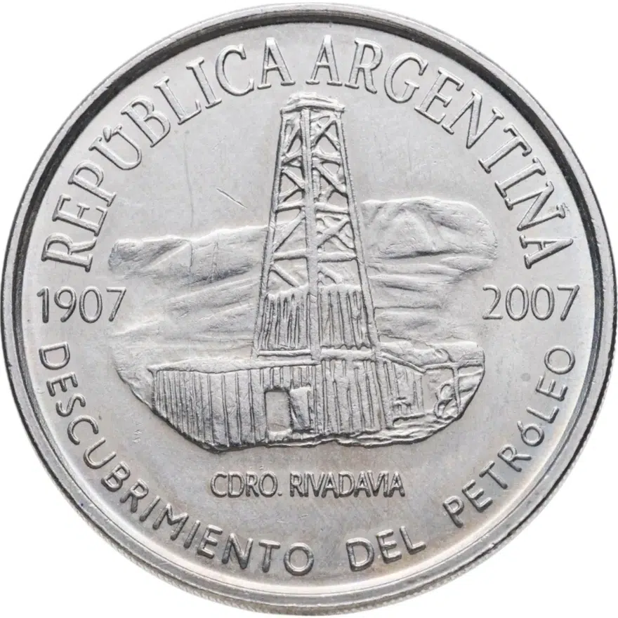 Аргентина 2 песо (pesos) 2007  100 лет нахождению нефти в Аргентине Ребристый гурт, реверс