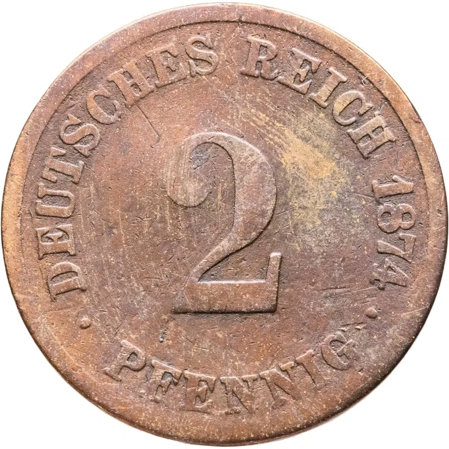 Германия 2 пфеннига (pfennig) 1874 C  знак монетного двора: "C" - Франкфурт-на-Майне