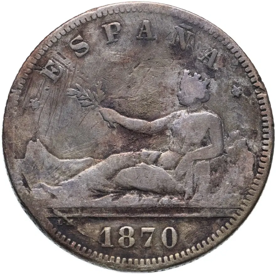 Испания 2 песеты (pesetas) 1870 DE-M, период междуцарствия