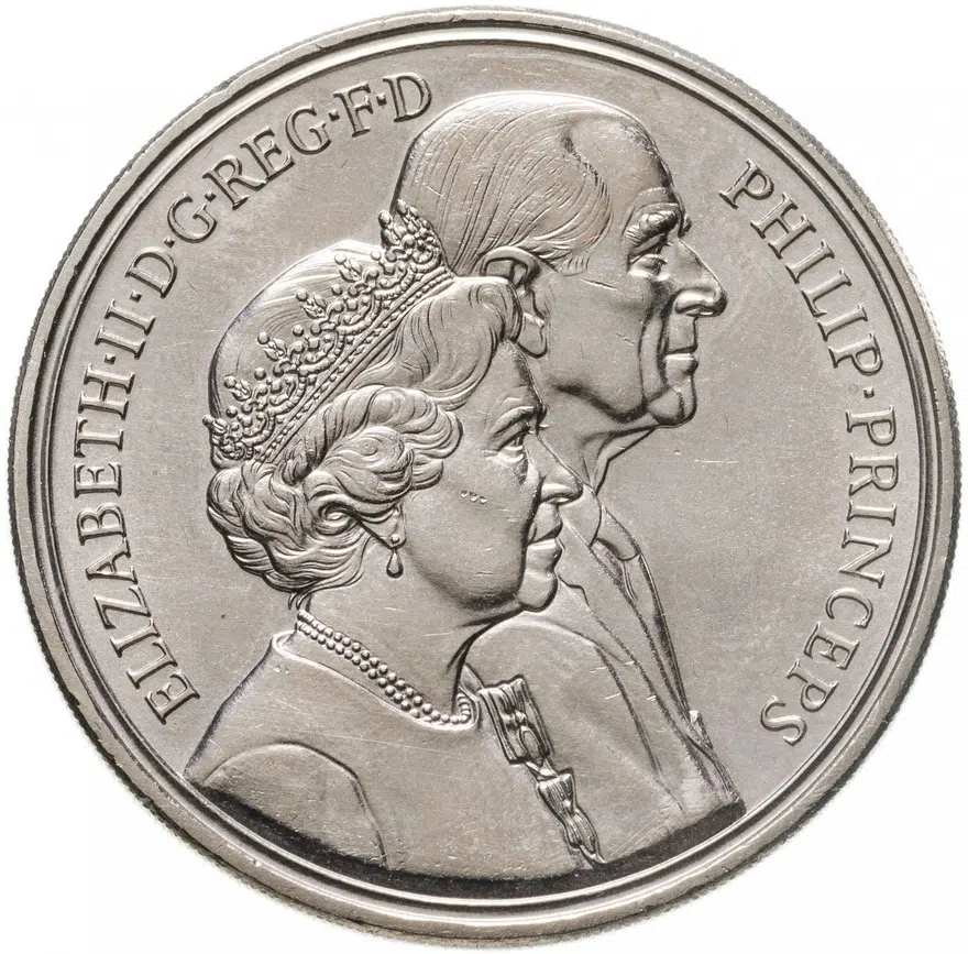 Великобритания 5 фунтов (pounds) 1997  Золотая свадьба Королевы