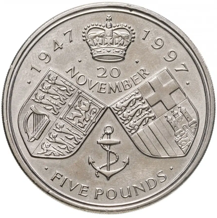 Великобритания 5 фунтов (pounds) 1997  Золотая свадьба Королевы, реверс