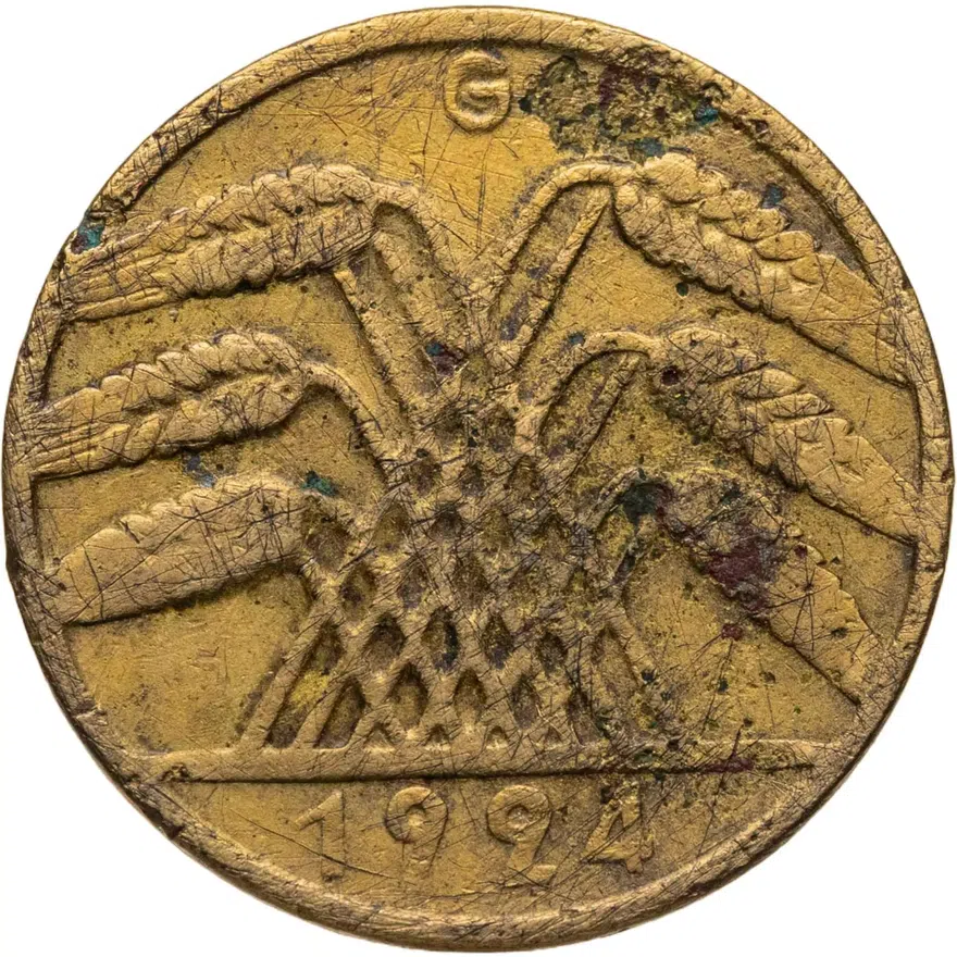 Германия 10 рентных пфеннигов (rentenpfennig) 1924 G  знак монетного двора "G" — Карлсруэ