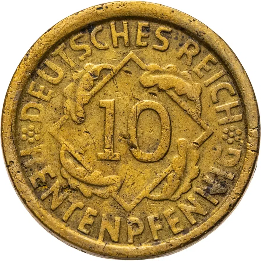 Германия 10 рентных пфеннигов (rentenpfennig) 1924 G  знак монетного двора "G" — Карлсруэ, реверс