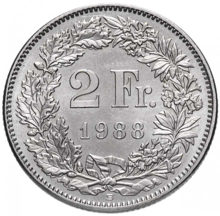 Швейцария 2 франка (francs) 1988