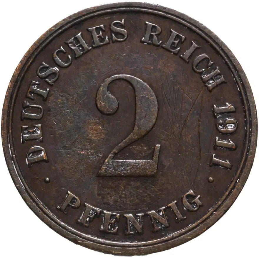 Германия (Империя) 2 пфеннига (pfennig) 1911 G, аверс