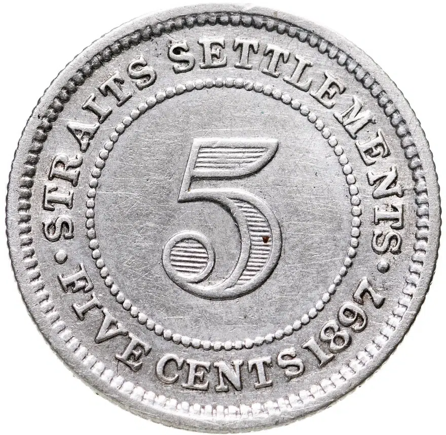 Стрейтс Сетлментс 5 центов (cents) 1897 H знак монетного двора: "H" - Хитон, Бирмингем, реверс