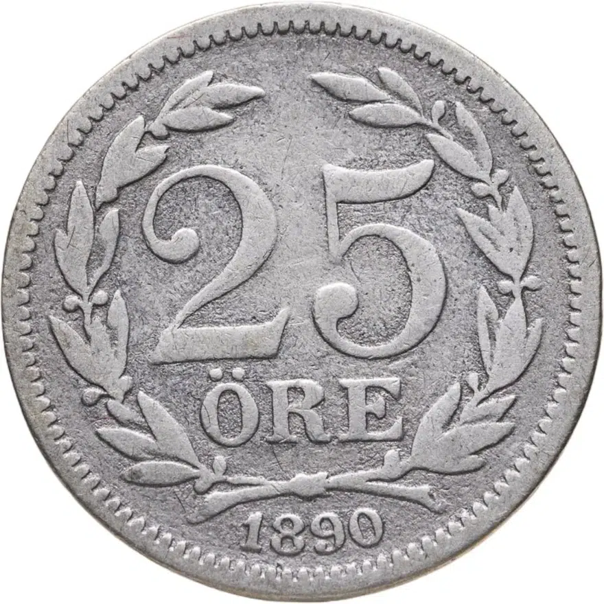 Швеция 25 эре (ore) 1890  Большой размер надписей