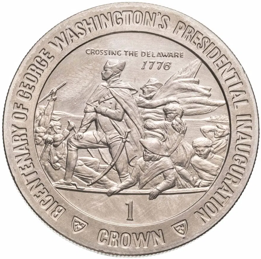 Остров Мэн 1 крона (crown) 1989  200 лет со дня вступления в должность президента Джорджа Вашингтона /переправляется через Делавэр/, реверс