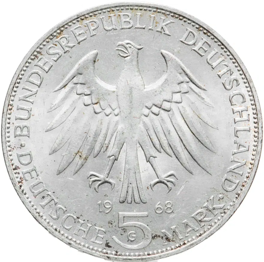 Германия 5 марок 1968 "500 лет со дня смерти Иоганна Гутенберга", реверс