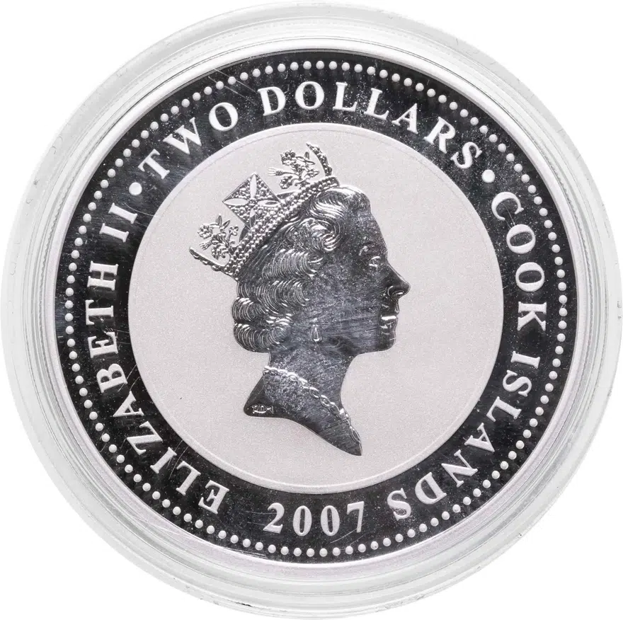Острова Кука 2 доллара (dollars) 2007  60 лет автомату Калашникова - солдат и автомат, реверс