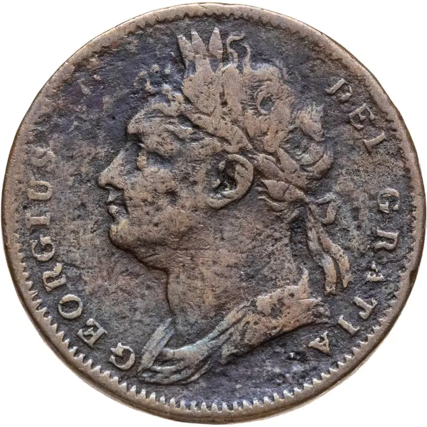 Великобритания 1 фартинг (farthing) 1826  Дата на реверсе под Британией