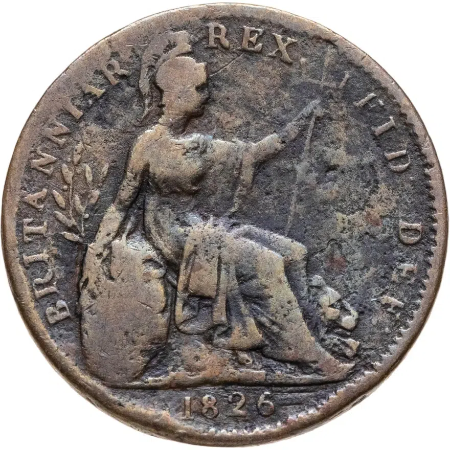 Великобритания 1 фартинг (farthing) 1826  Дата на реверсе под Британией, реверс