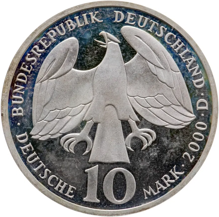 Германия 10 марок (mark) 2000 D 250 лет со дня смерти Иоганна Себастьяна Баха знак монетного двора: "D" - Мюнхен, реверс