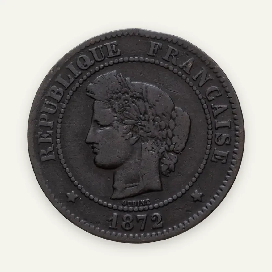 Франция 5 сантимов (centimes) 1872 K  знак монетного двора: "K" - Бордо, аверс