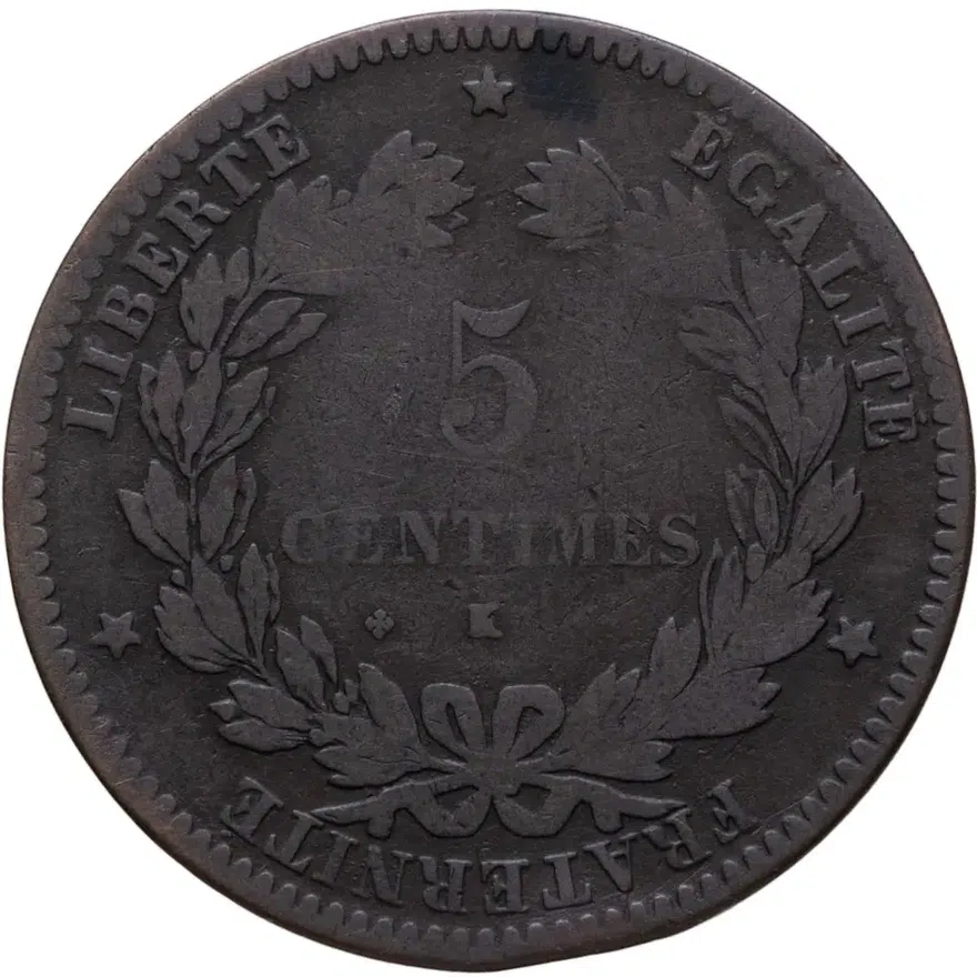 Франция 5 сантимов (centimes) 1872 K  знак монетного двора: "K" - Бордо, реверс