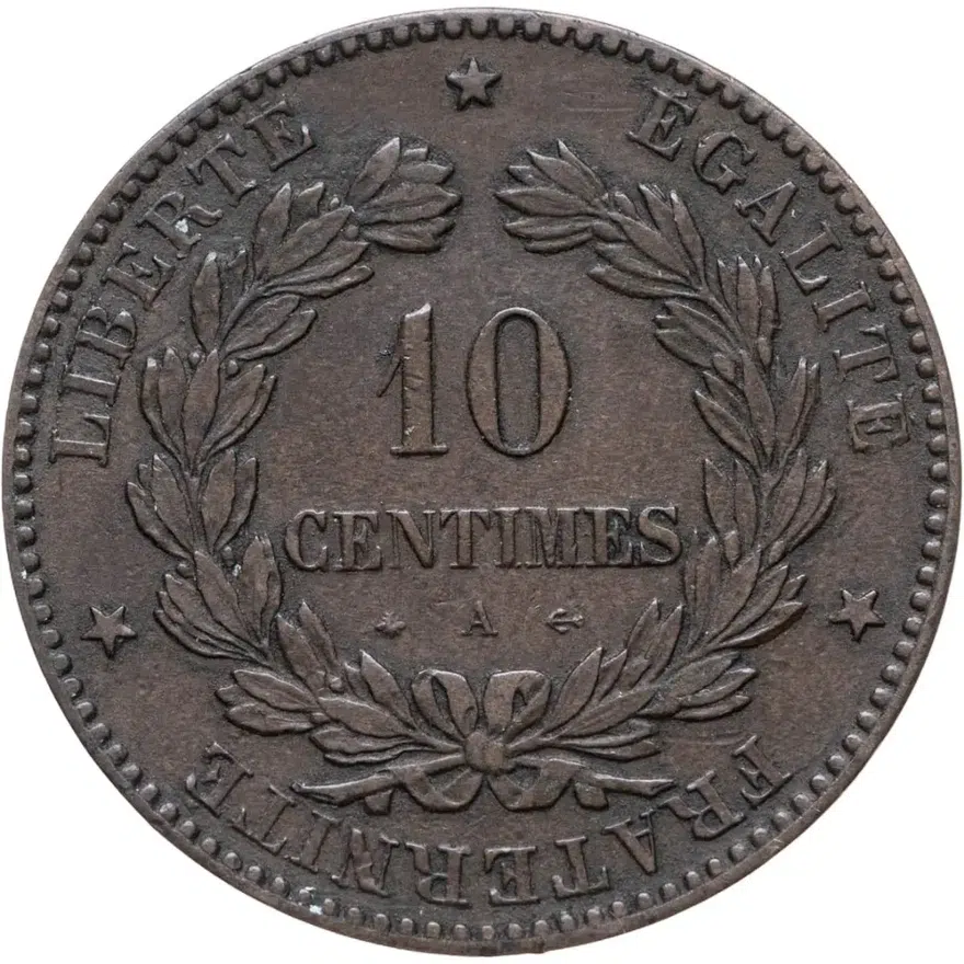 Франция 10 сантимов (centimes) 1873 A, аверс