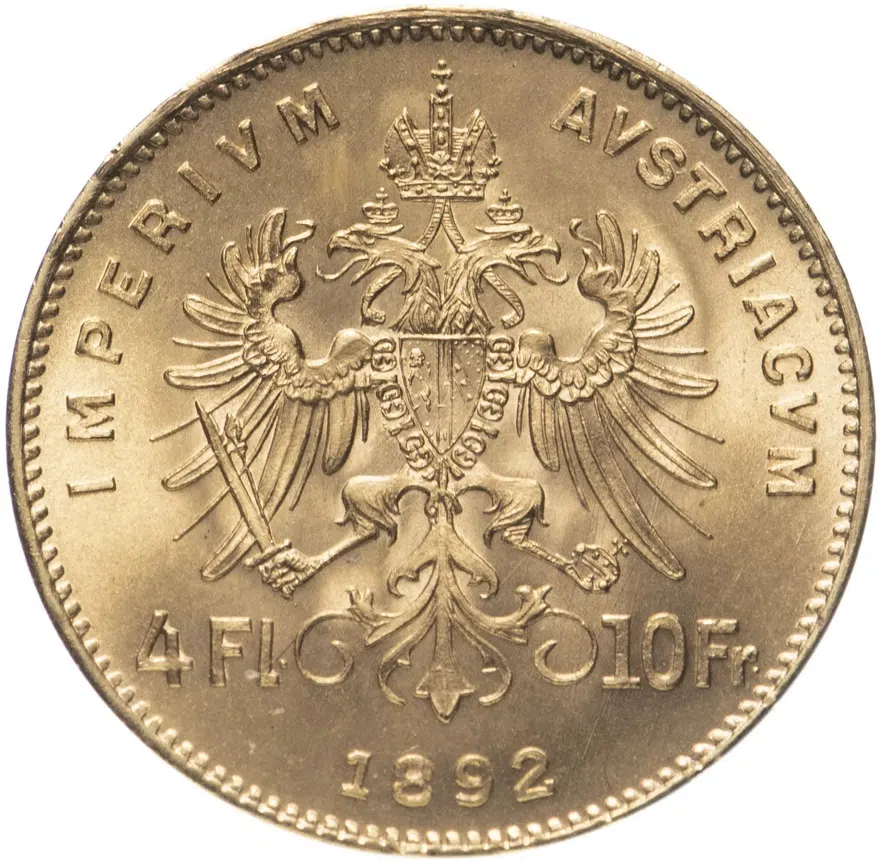 Австро-Венгрия 4 флорина - 10 франков 1892 рестрайк (новодел), монета для Австрии, аверс