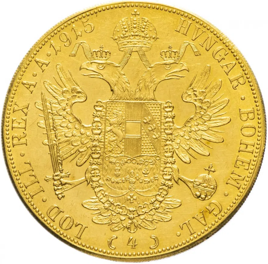 Австро-Венгрия 4 дуката (ducat) 1915 рестрайк (новодел) монета для Венгрии, реверс