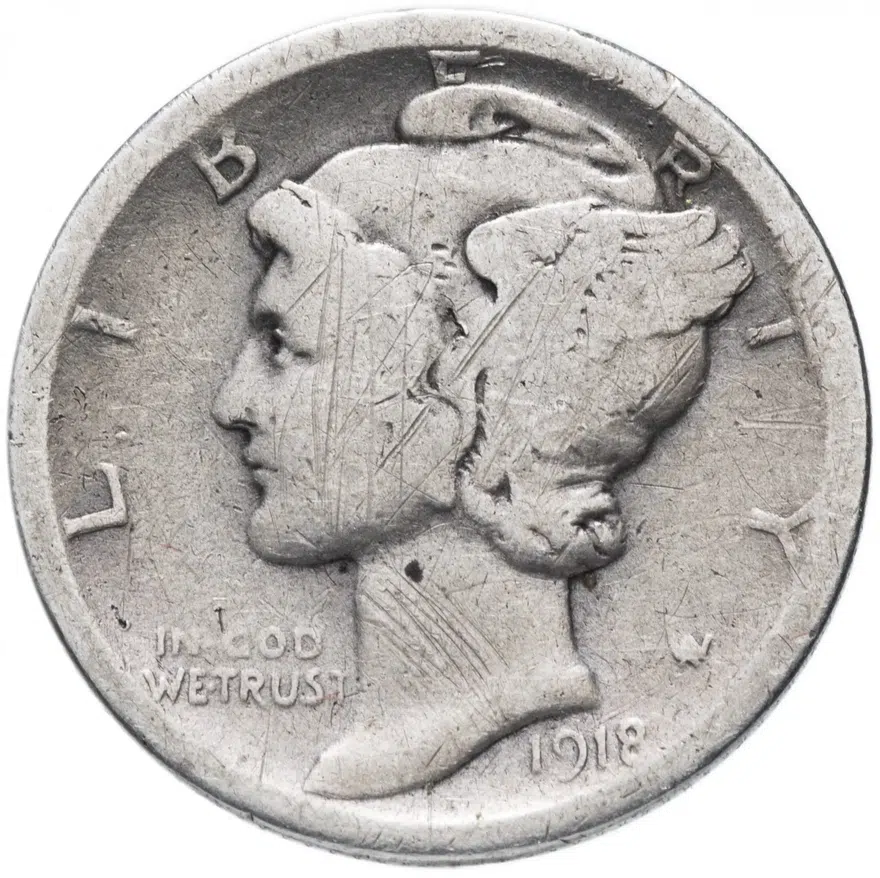 США 10 центов (дайм, one dime) 1918 "D"  "Mercury Dime"