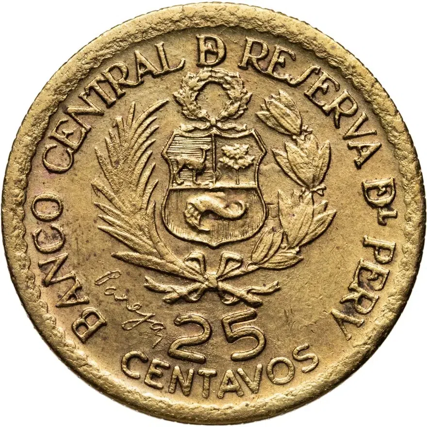 Перу 25 сентаво (centavos) 1965  400 лет открытию Монетного двора Лимы, реверс