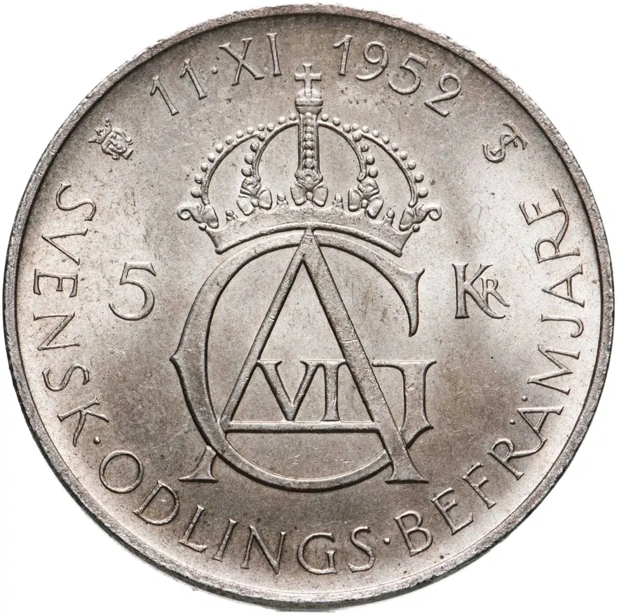 Швеция 5 крон (kronor) 1952  70 лет со дня рождения Густава VI Адольфа, аверс