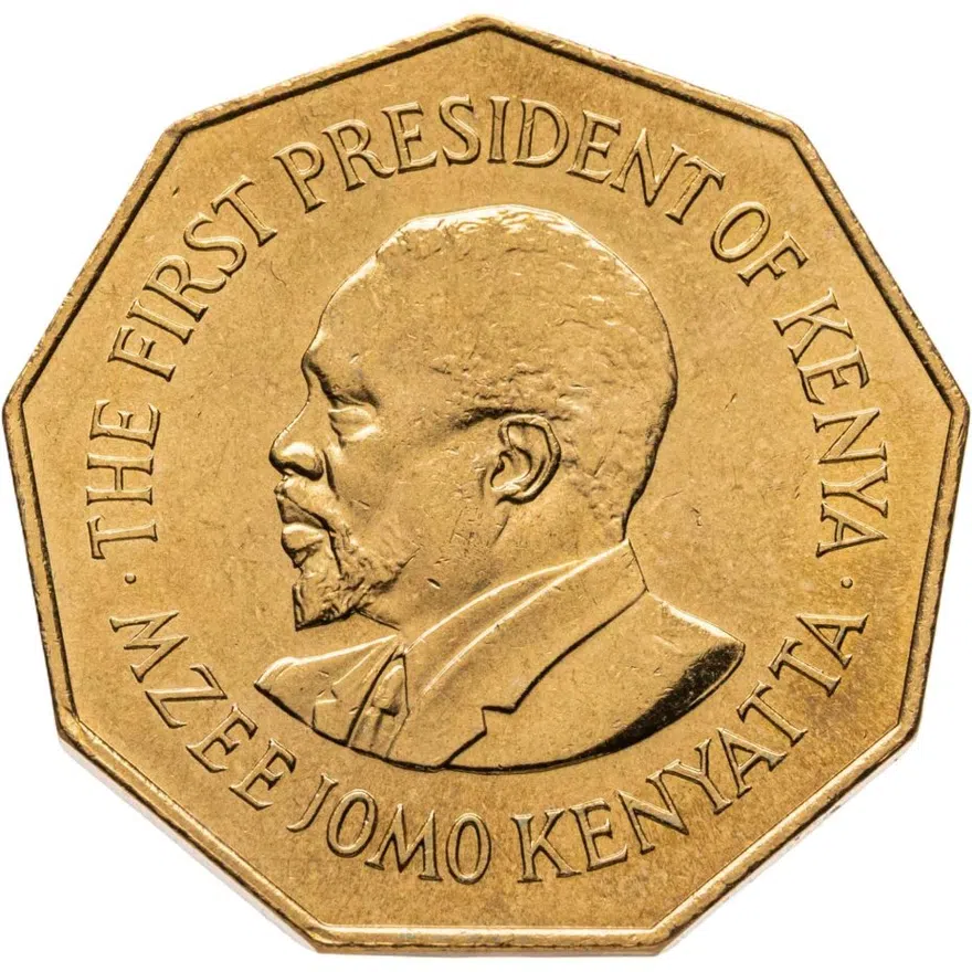 Кения 5 шиллингов (shillings) 1973  10 лет Независимости, аверс