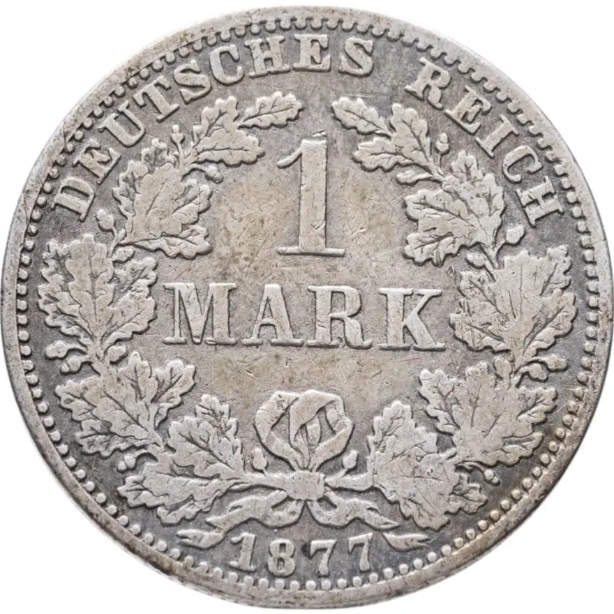 Германия 1 марка (mark) 1877 A  знак монетного двора: "A" - Берлин