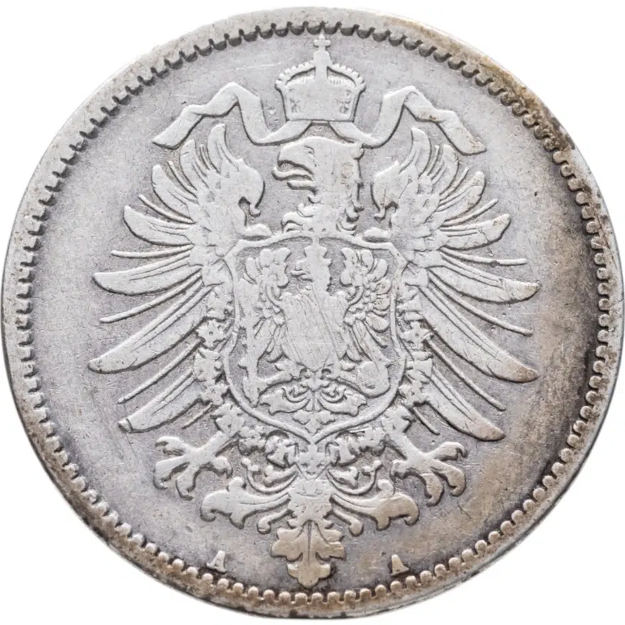 Германия 1 марка (mark) 1877 A  знак монетного двора: "A" - Берлин, реверс