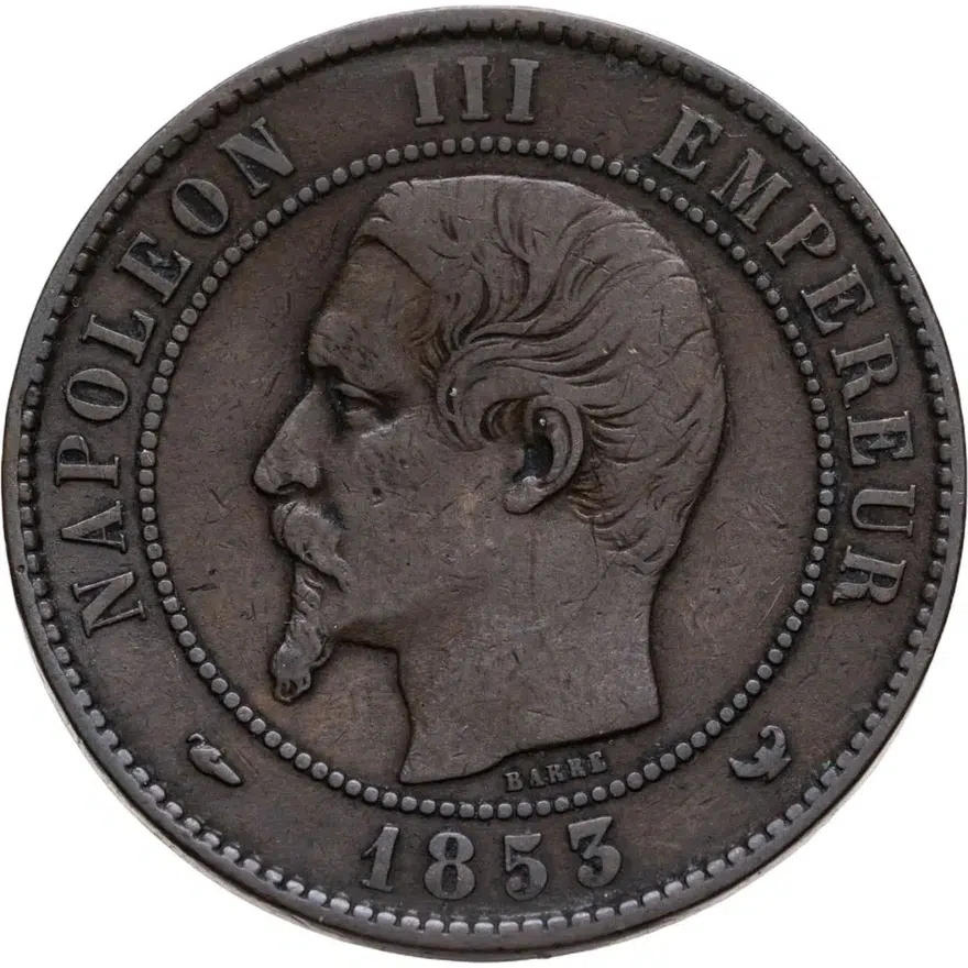 Франция 10 сантимов (centimes) 1853 W  знак монетного двора: "W" - Лилль