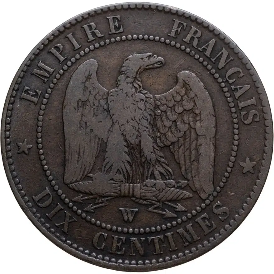 Франция 10 сантимов (centimes) 1853 W  знак монетного двора: "W" - Лилль, реверс