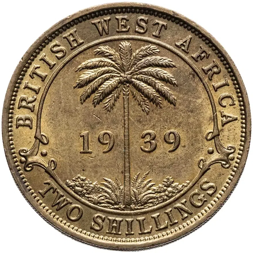 Британская Западная Африка 2 шиллинга (shillings) 1939 KN  знак монетного двора: "KN" - Кингз Нортон Металл, Бирмингем