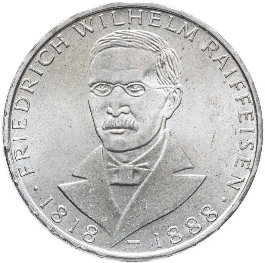 Германия 5 марок (deutsche mark) 1968  150 лет со дня рождения Фридриха Вильгельма Райффайзена